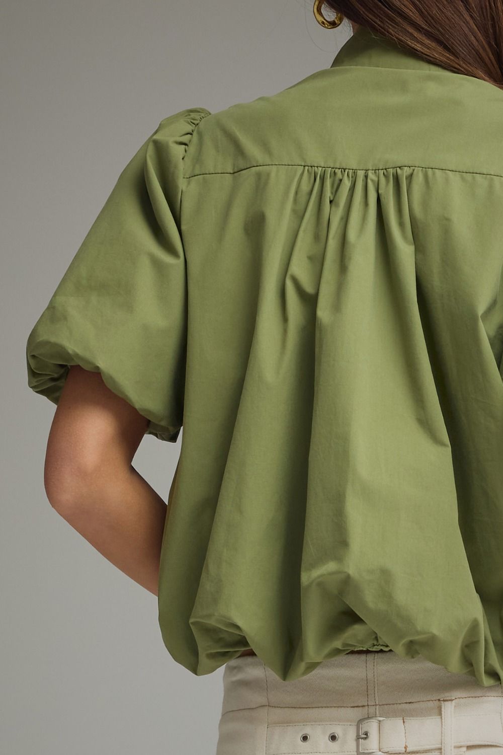 The Olive Daydream Top | Cotton Puff Sleeve Bubble Hem Blouse