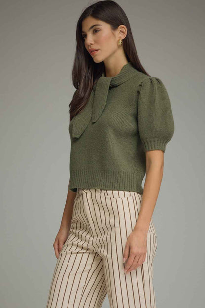The Olive Charm Sweater | Tie Neck Puff Sleeve Knit Top