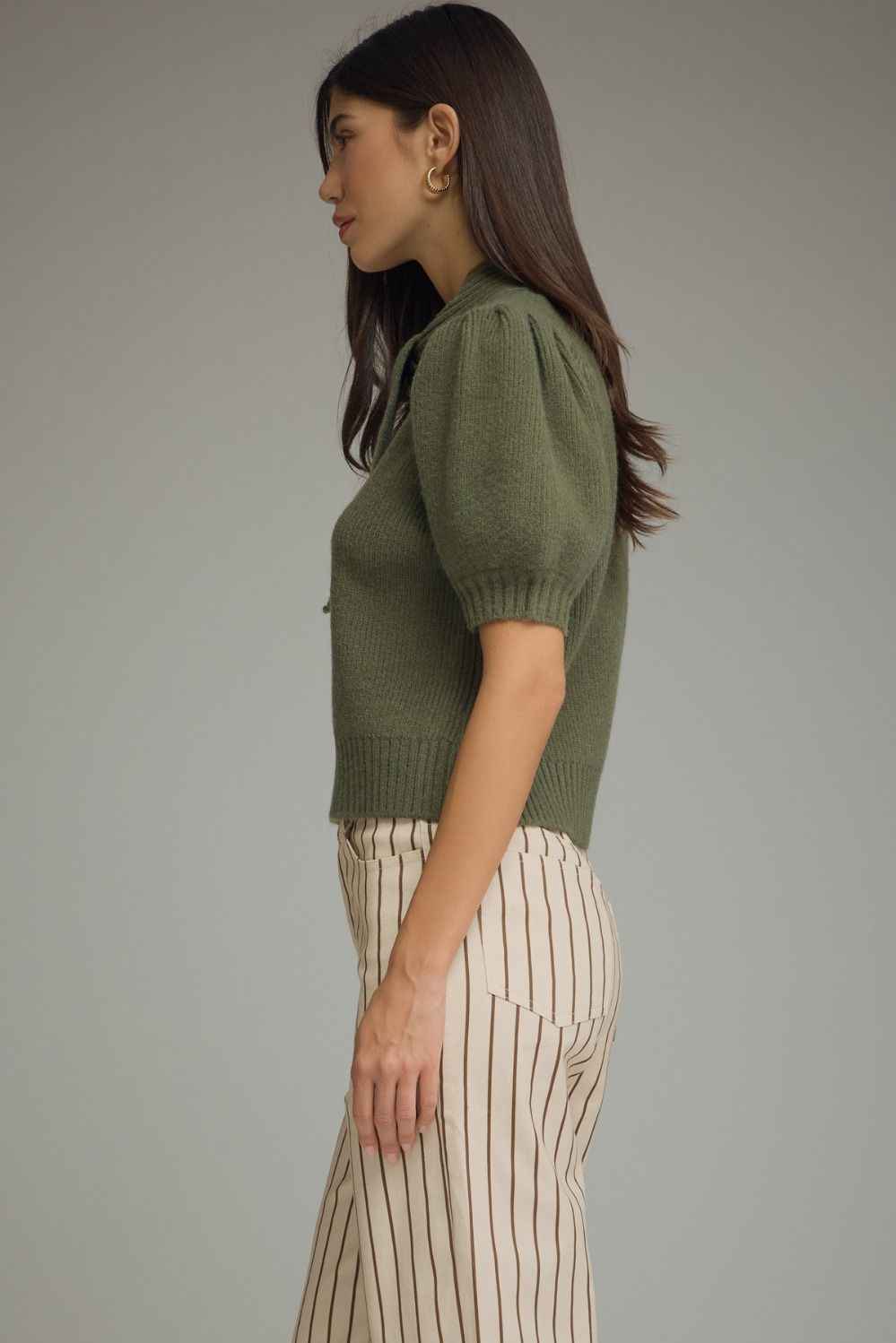 The Olive Charm Sweater | Tie Neck Puff Sleeve Knit Top