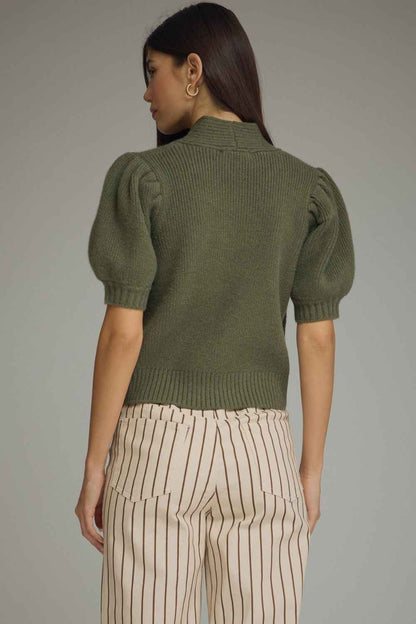 The Olive Charm Sweater | Tie Neck Puff Sleeve Knit Top