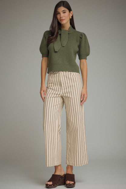 The Olive Charm Sweater | Tie Neck Puff Sleeve Knit Top