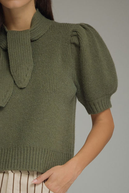 The Olive Charm Sweater | Tie Neck Puff Sleeve Knit Top