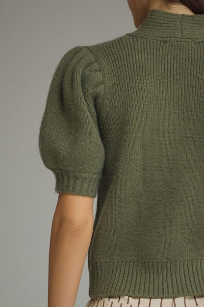 The Olive Charm Sweater | Tie Neck Puff Sleeve Knit Top