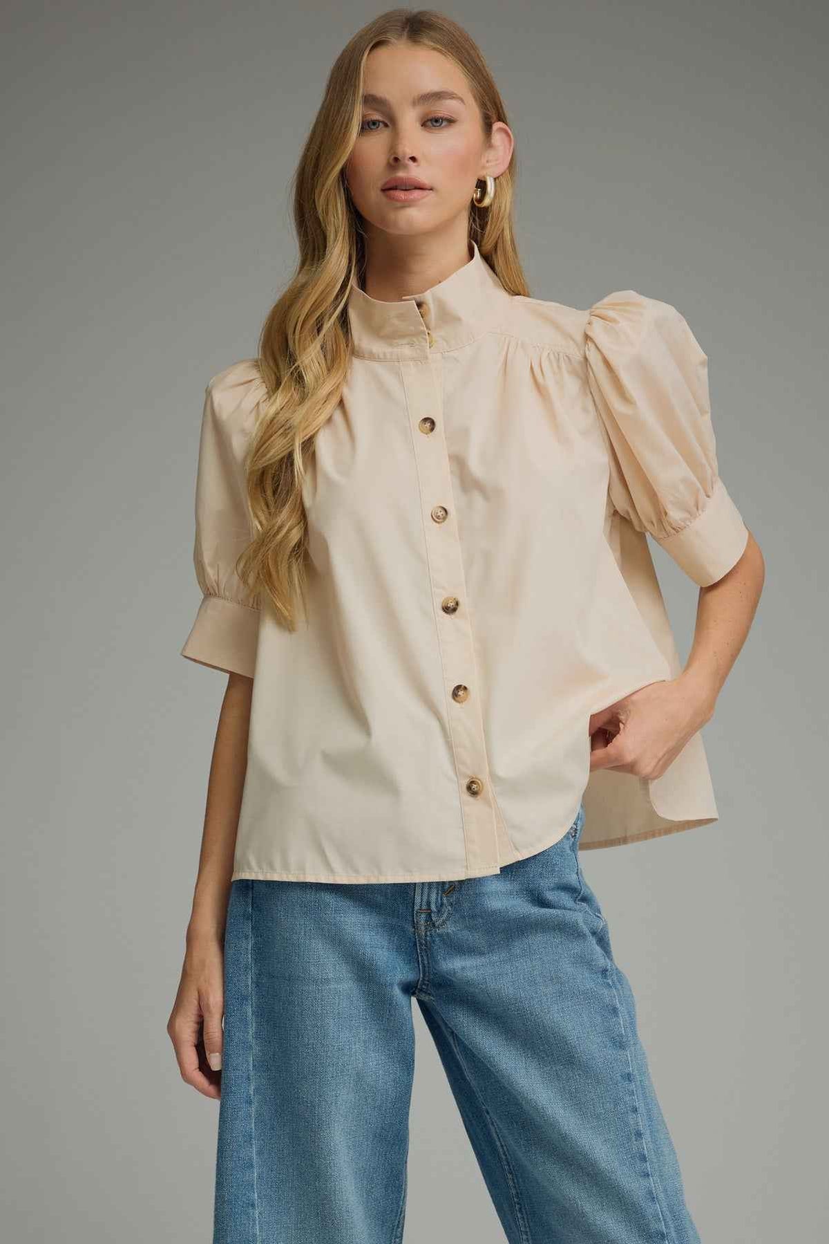 The Ecru Elegance Blouse | Puff Sleeve Button Front Top