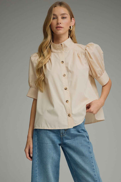 The Ecru Elegance Blouse | Puff Sleeve Button Front Top