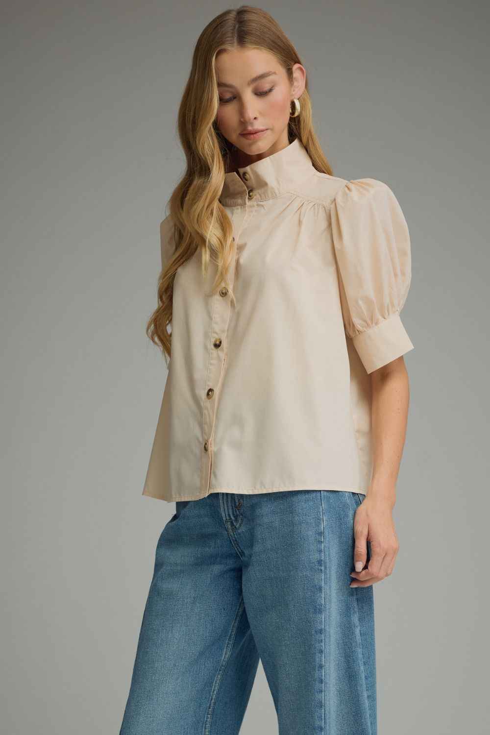 The Ecru Elegance Blouse | Puff Sleeve Button Front Top