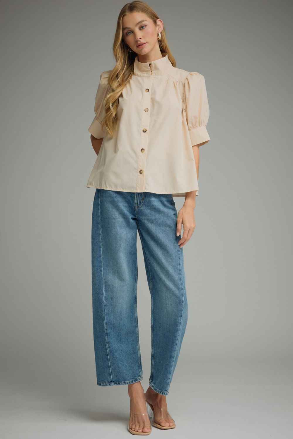 The Ecru Elegance Blouse | Puff Sleeve Button Front Top