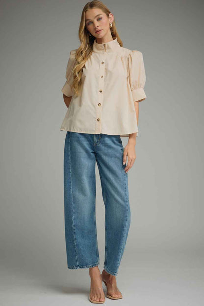 The Ecru Elegance Blouse | Puff Sleeve Button Front Top