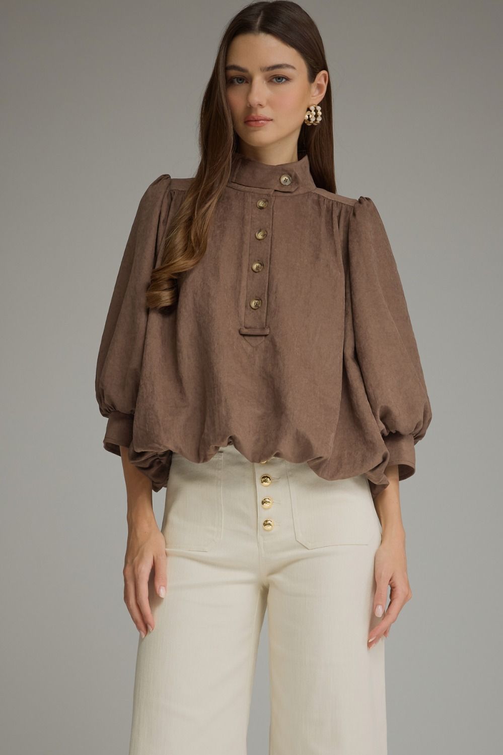 The Mocha Reverie Top | Balloon Sleeve Bubble Hem Blouse