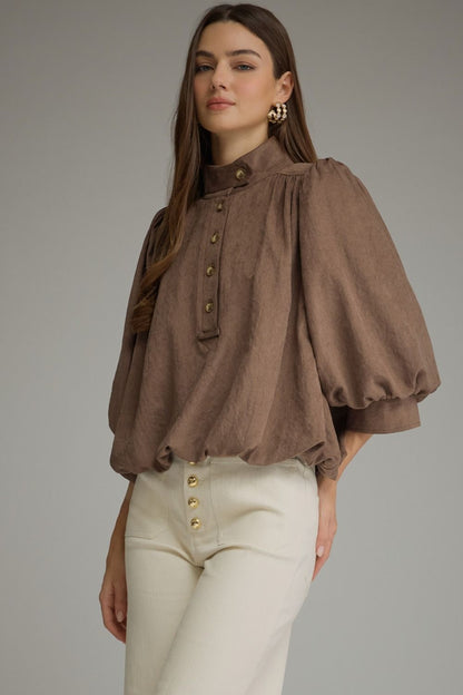 The Mocha Reverie Top | Balloon Sleeve Bubble Hem Blouse