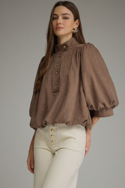 The Mocha Reverie Top | Balloon Sleeve Bubble Hem Blouse