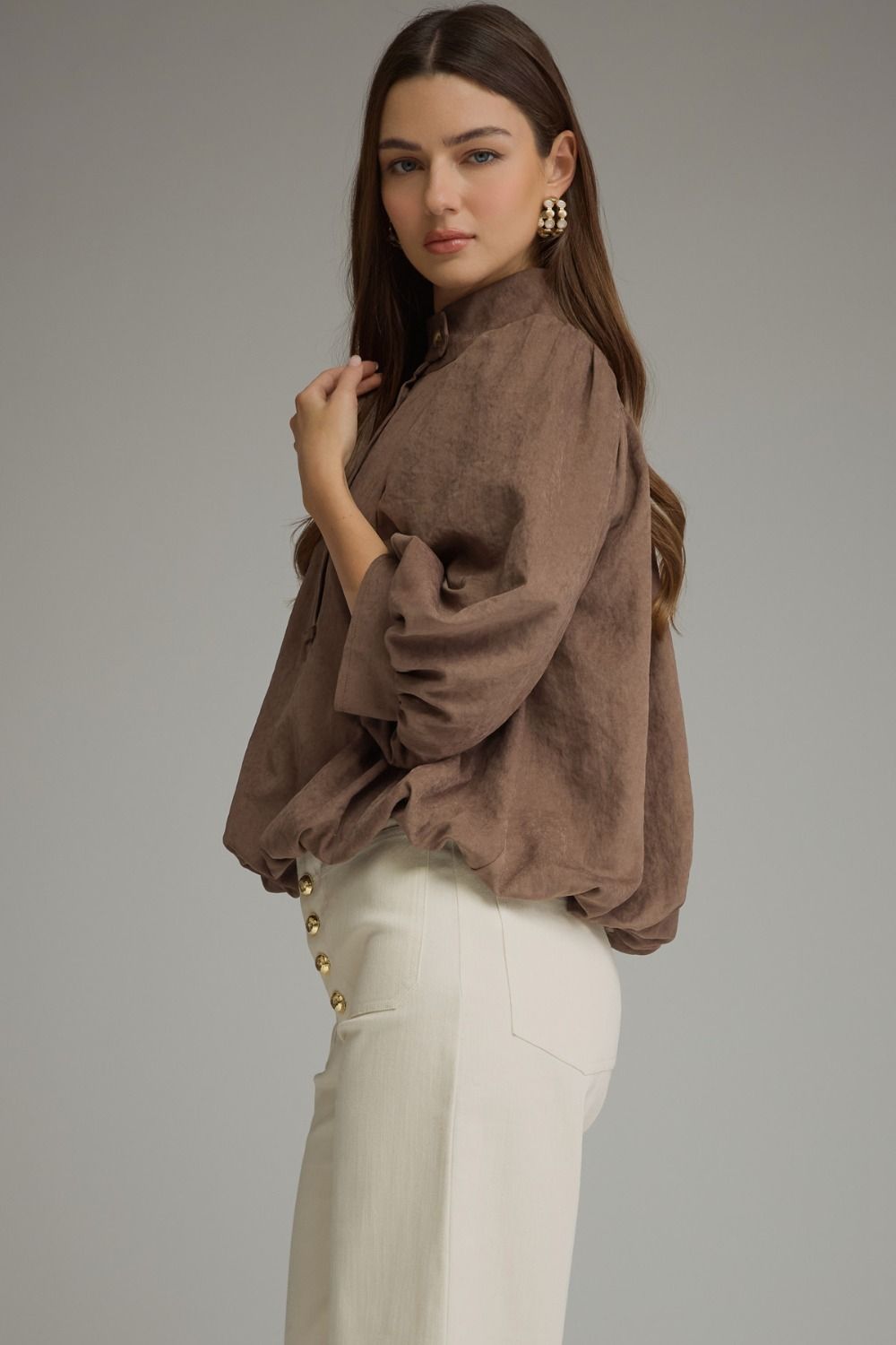 The Mocha Reverie Top | Balloon Sleeve Bubble Hem Blouse