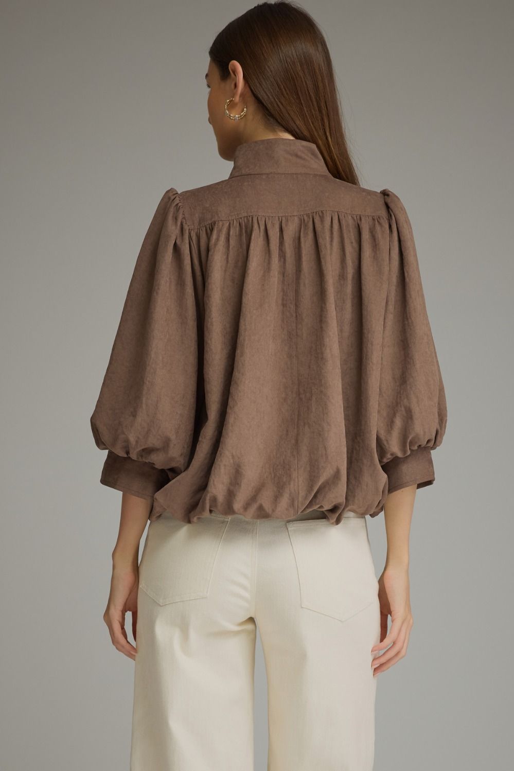 The Mocha Reverie Top | Balloon Sleeve Bubble Hem Blouse