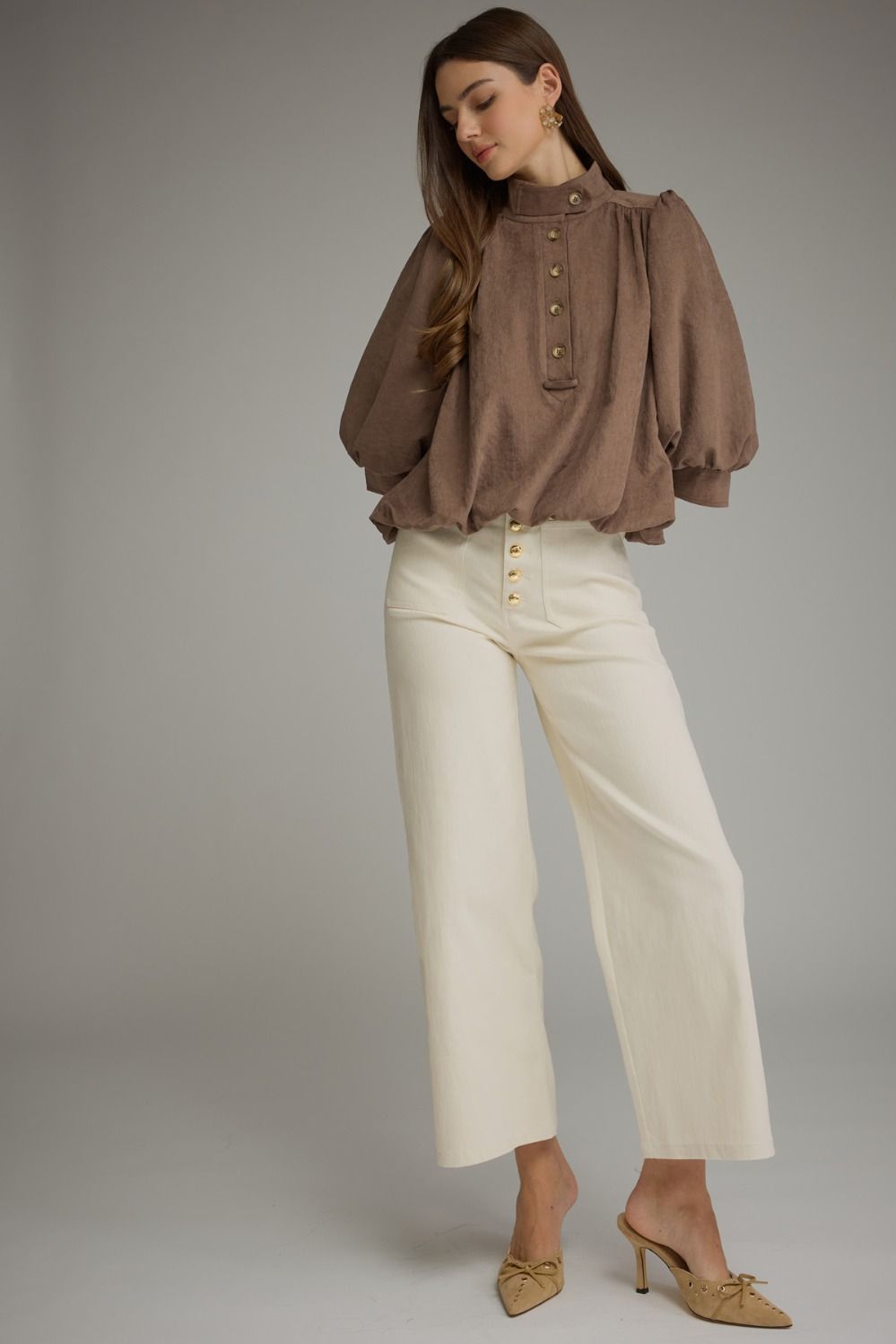 The Mocha Reverie Top | Balloon Sleeve Bubble Hem Blouse