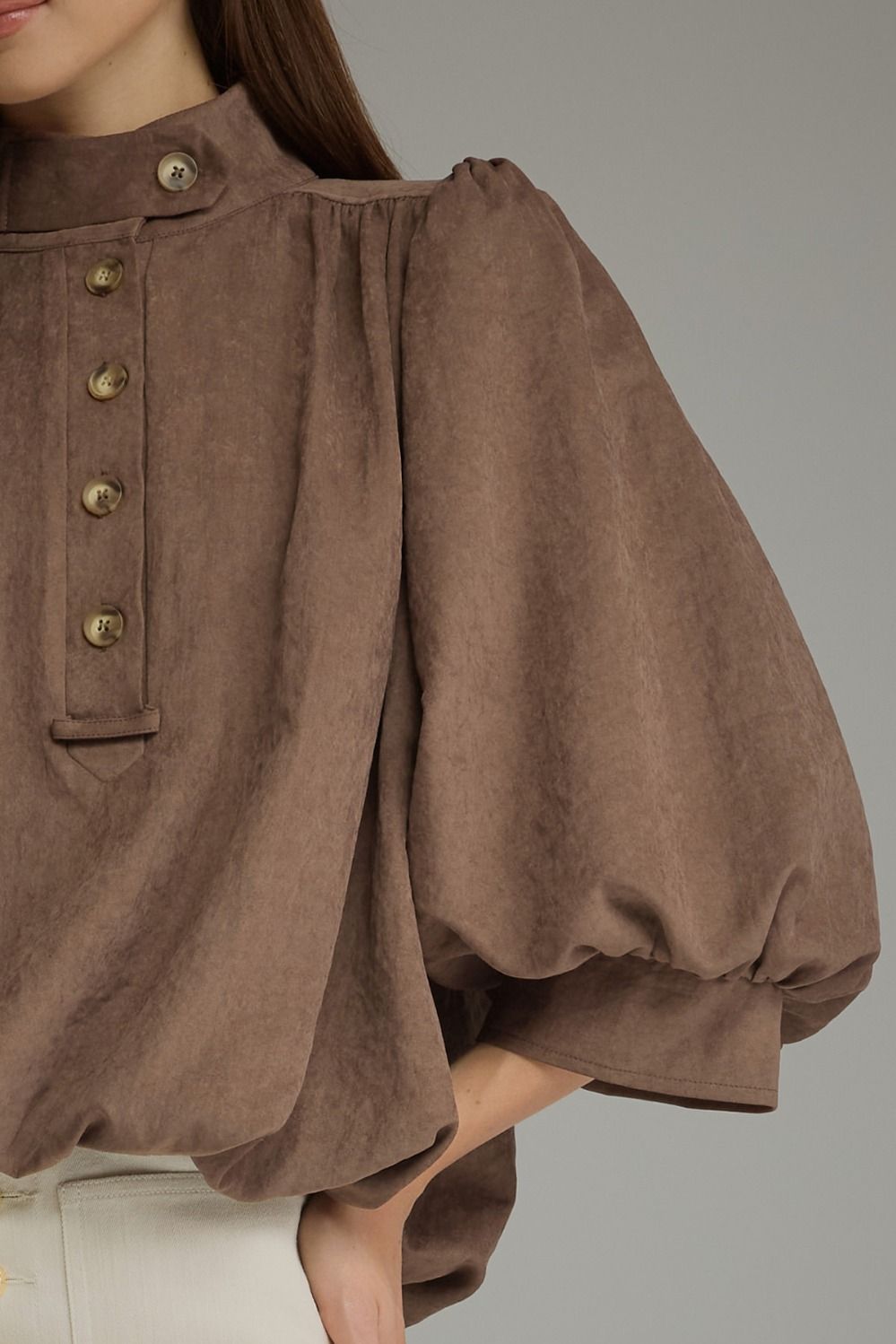 The Mocha Reverie Top | Balloon Sleeve Bubble Hem Blouse