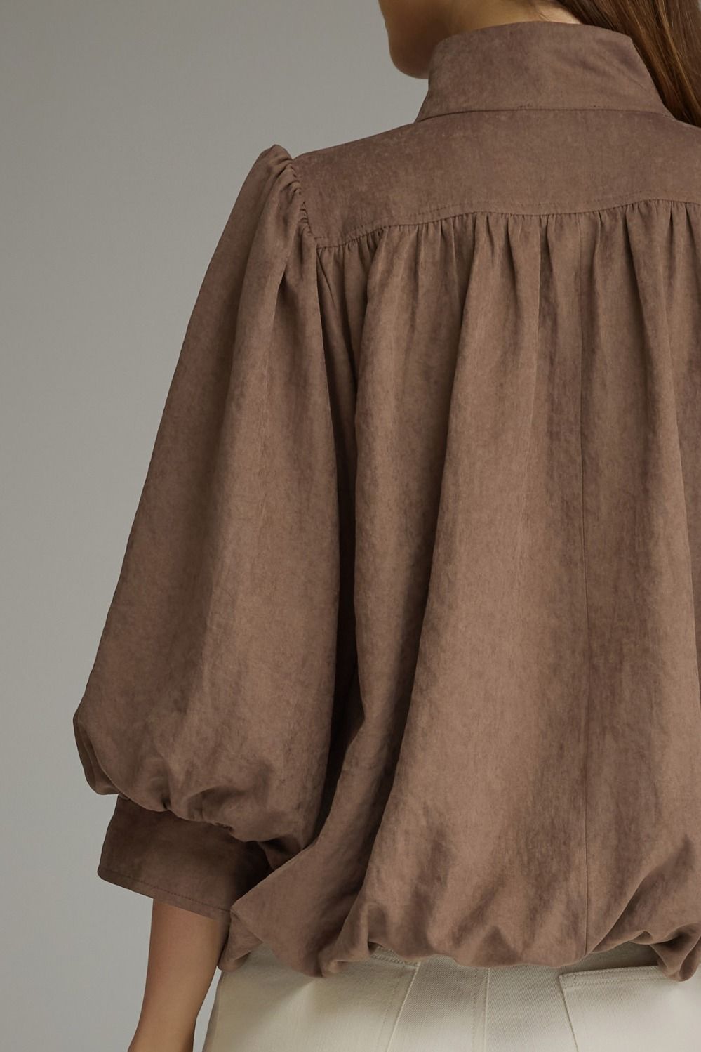 The Mocha Reverie Top | Balloon Sleeve Bubble Hem Blouse