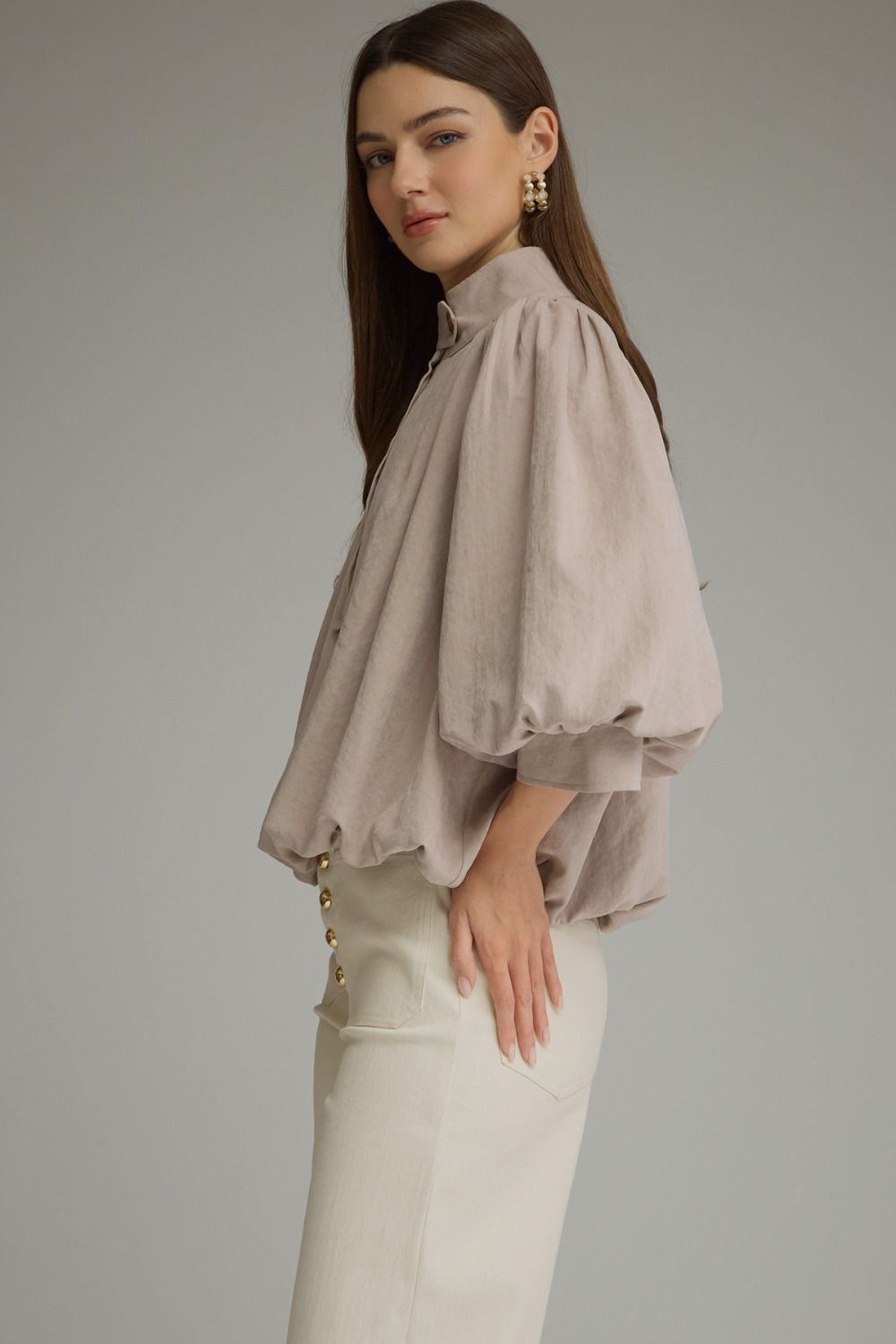 The Latte Reverie Top | Balloon Sleeve Bubble Hem Blouse