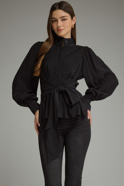 The Black Soirée Top | Balloon Sleeve Tie Waist Peplum Blouse