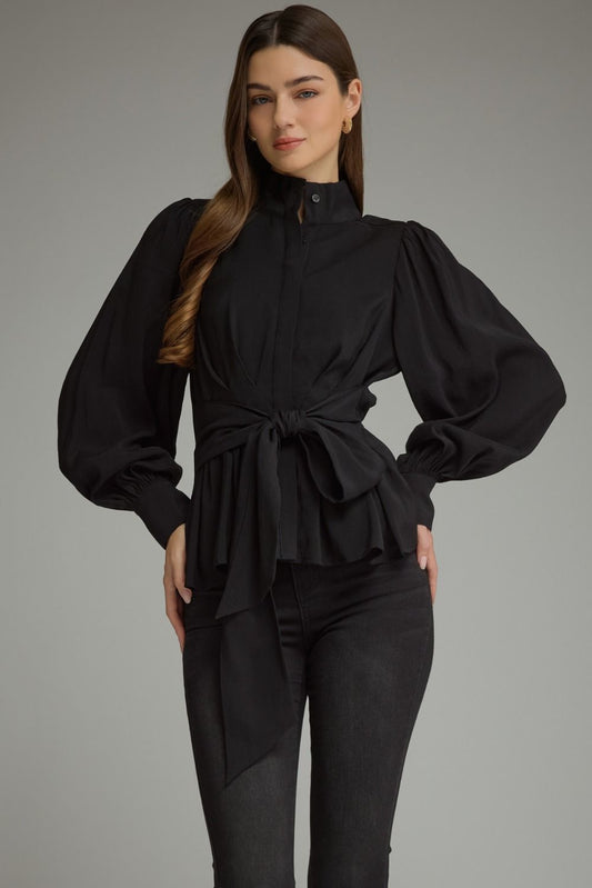 The Black Soirée Top | Balloon Sleeve Tie Waist Peplum Blouse