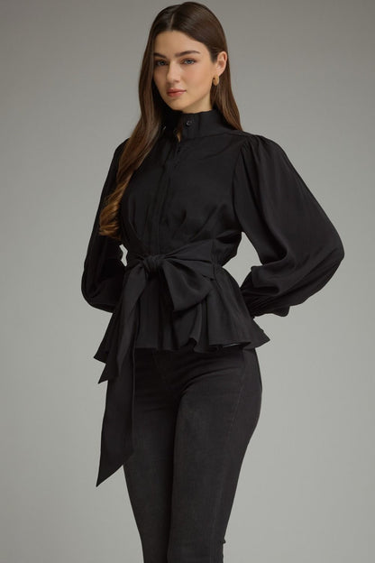 The Black Soirée Top | Balloon Sleeve Tie Waist Peplum Blouse