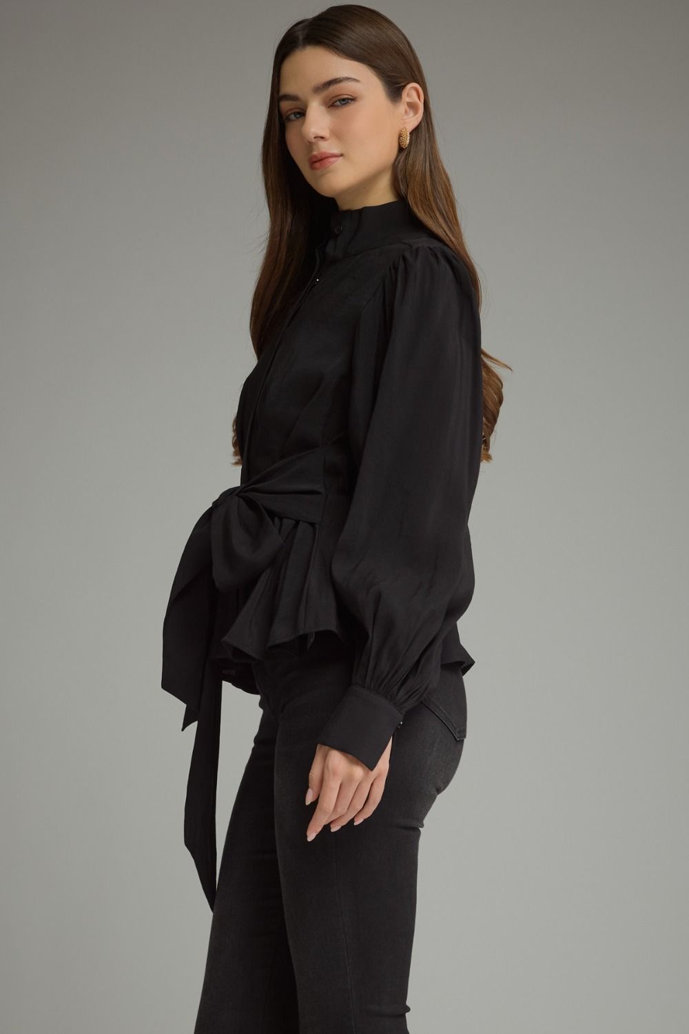 The Black Soirée Top | Balloon Sleeve Tie Waist Peplum Blouse