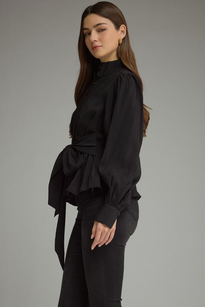 The Black Soirée Top | Balloon Sleeve Tie Waist Peplum Blouse