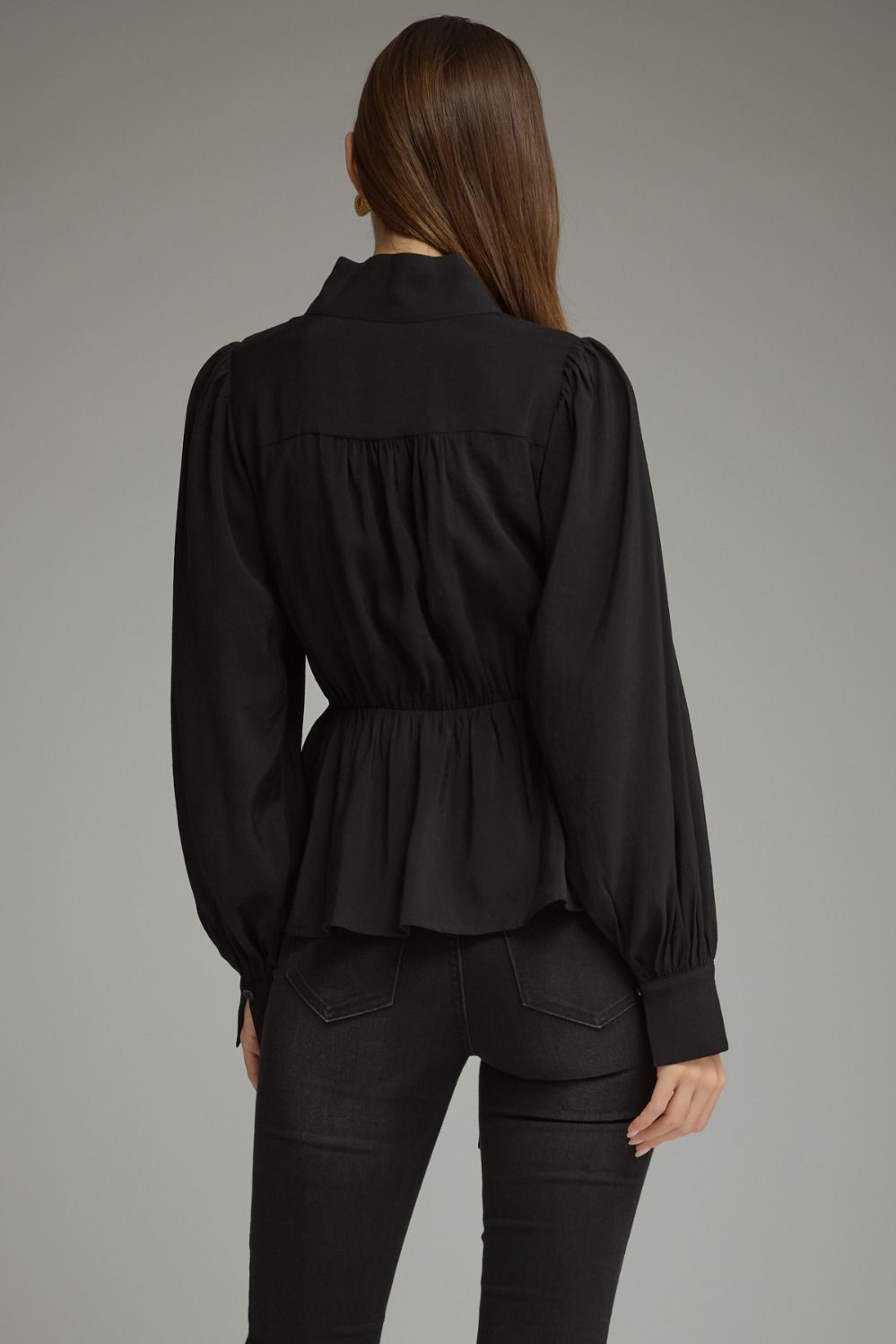 The Black Soirée Top | Balloon Sleeve Tie Waist Peplum Blouse