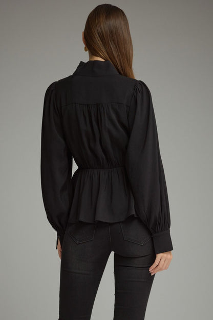 The Black Soirée Top | Balloon Sleeve Tie Waist Peplum Blouse