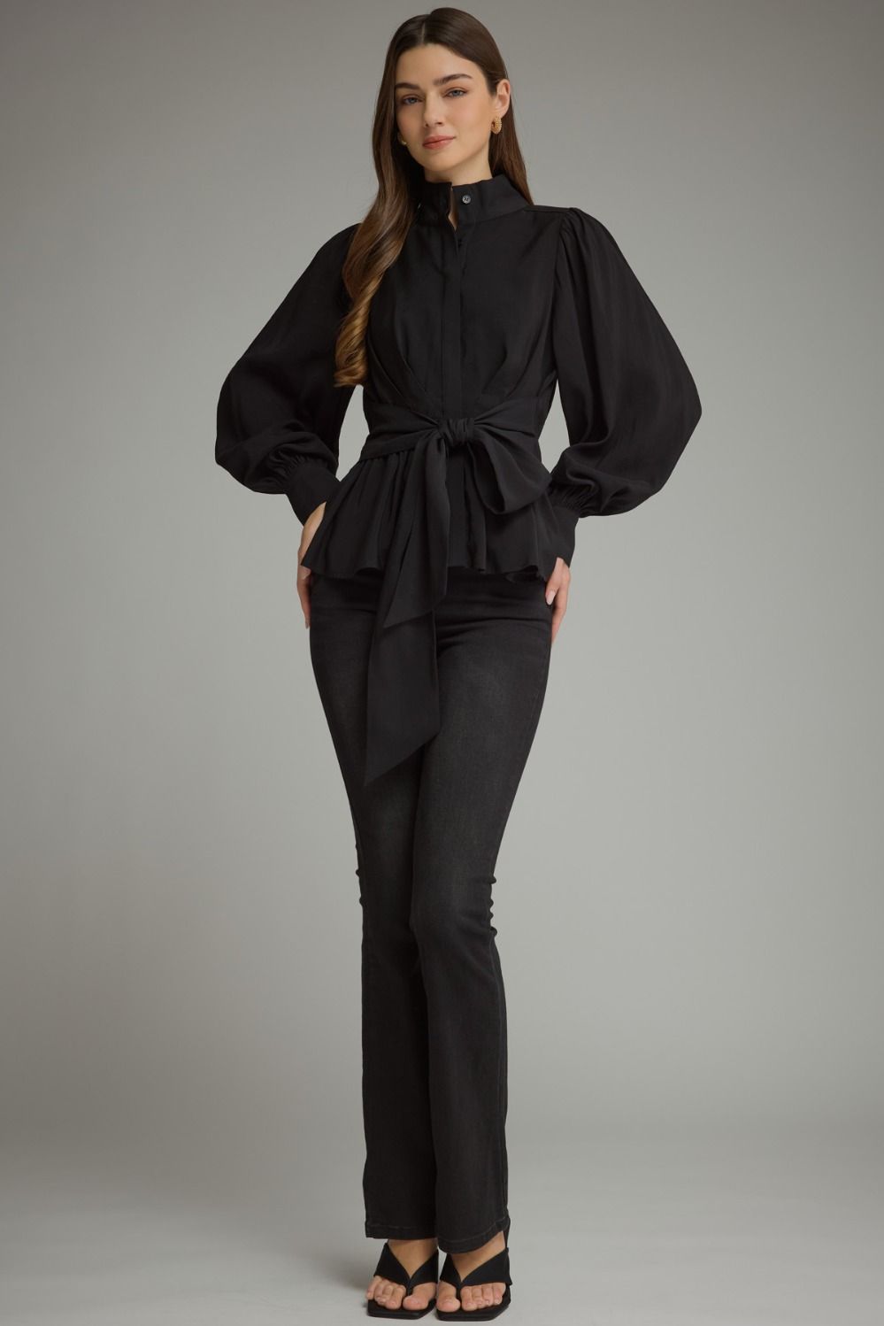 The Black Soirée Top | Balloon Sleeve Tie Waist Peplum Blouse