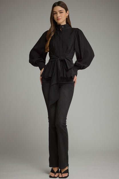 The Black Soirée Top | Balloon Sleeve Tie Waist Peplum Blouse