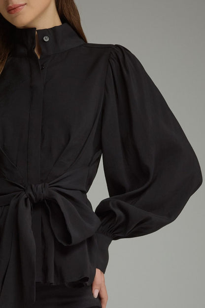 The Black Soirée Top | Balloon Sleeve Tie Waist Peplum Blouse