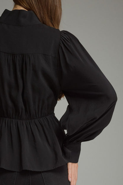 The Black Soirée Top | Balloon Sleeve Tie Waist Peplum Blouse