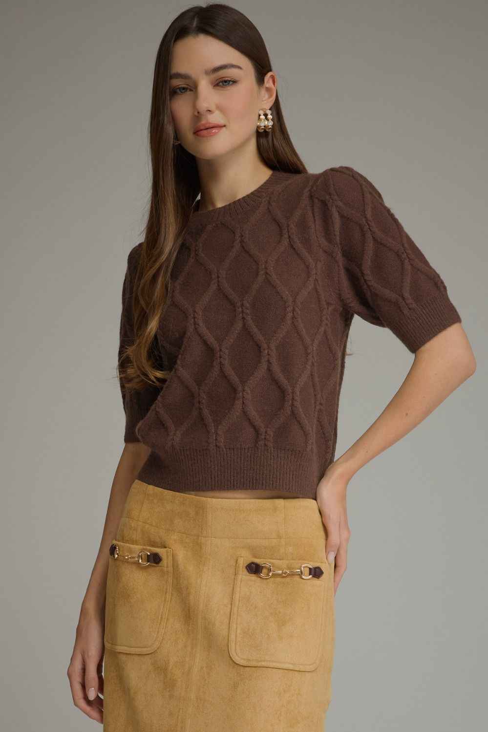 Cottage Diamond Textured Puff Sleeve Sweater - Brown