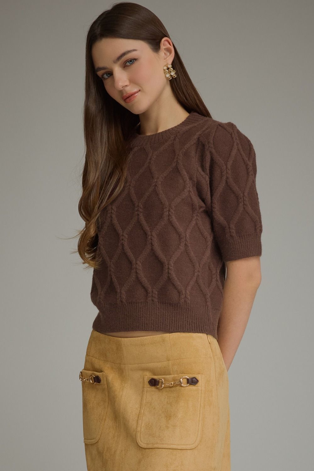 The Brown Keepsake Sweater | Diamond Cable Knit Puff Sleeve Top