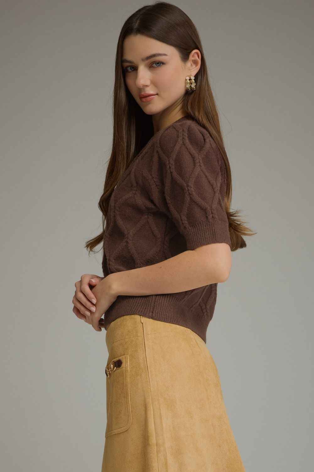 Cottage Diamond Textured Puff Sleeve Sweater - Brown