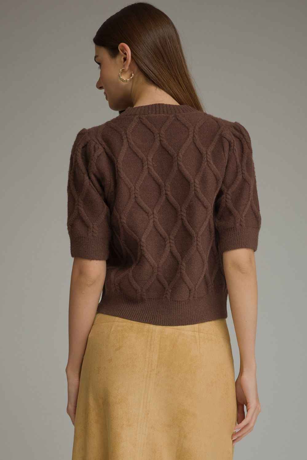 Cottage Diamond Textured Puff Sleeve Sweater - Brown