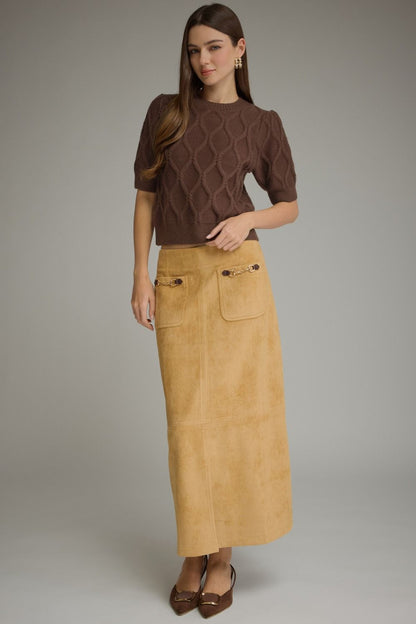 The Brown Keepsake Sweater | Diamond Cable Knit Puff Sleeve Top