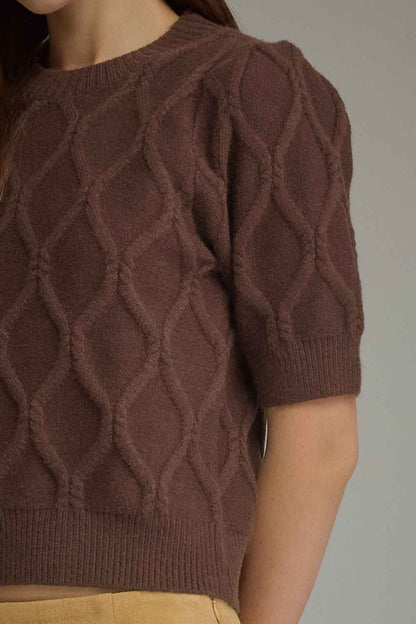 Cottage Diamond Textured Puff Sleeve Sweater - Brown
