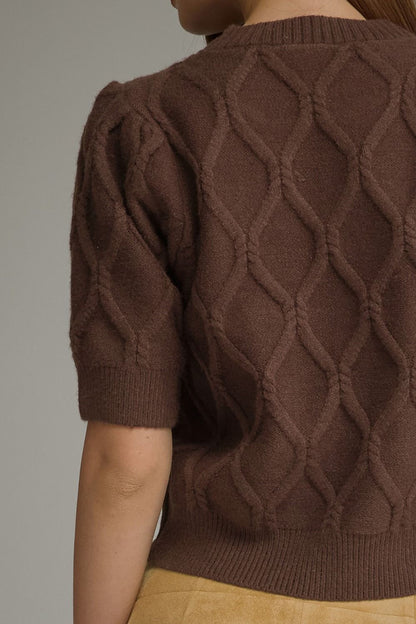 The Brown Keepsake Sweater | Diamond Cable Knit Puff Sleeve Top