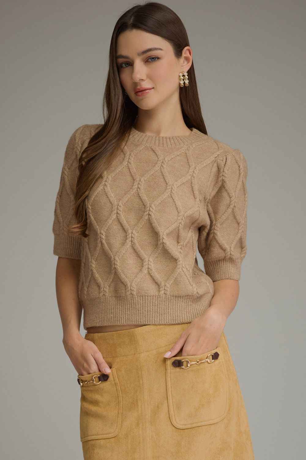 Cottage Diamond Textured Puff Sleeve Sweater - Oatmeal