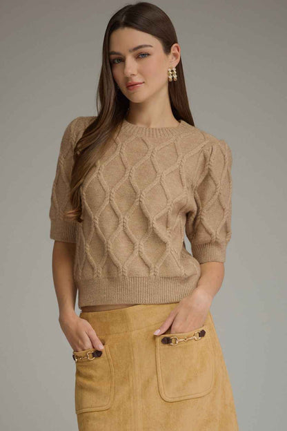 Cottage Diamond Textured Puff Sleeve Sweater - Oatmeal