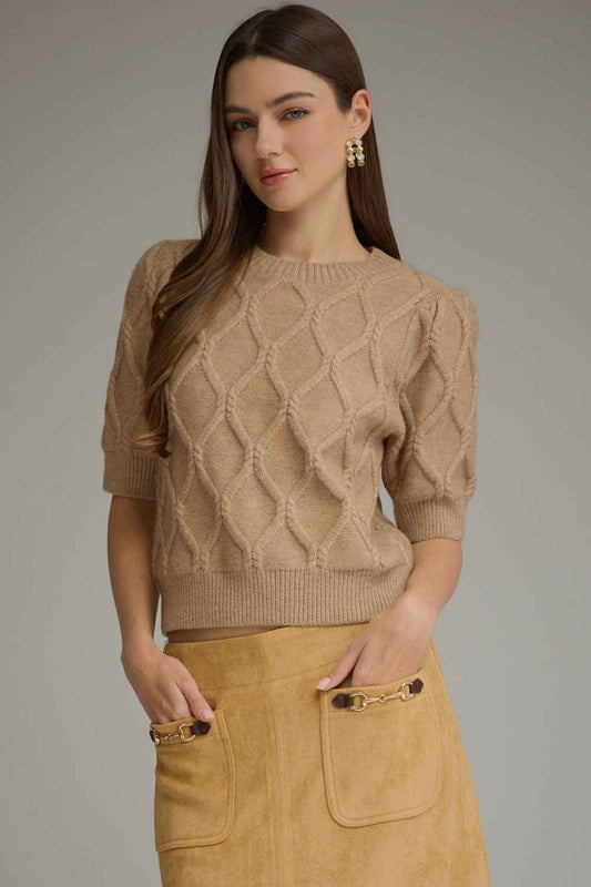Cottage Diamond Textured Puff Sleeve Sweater - Oatmeal