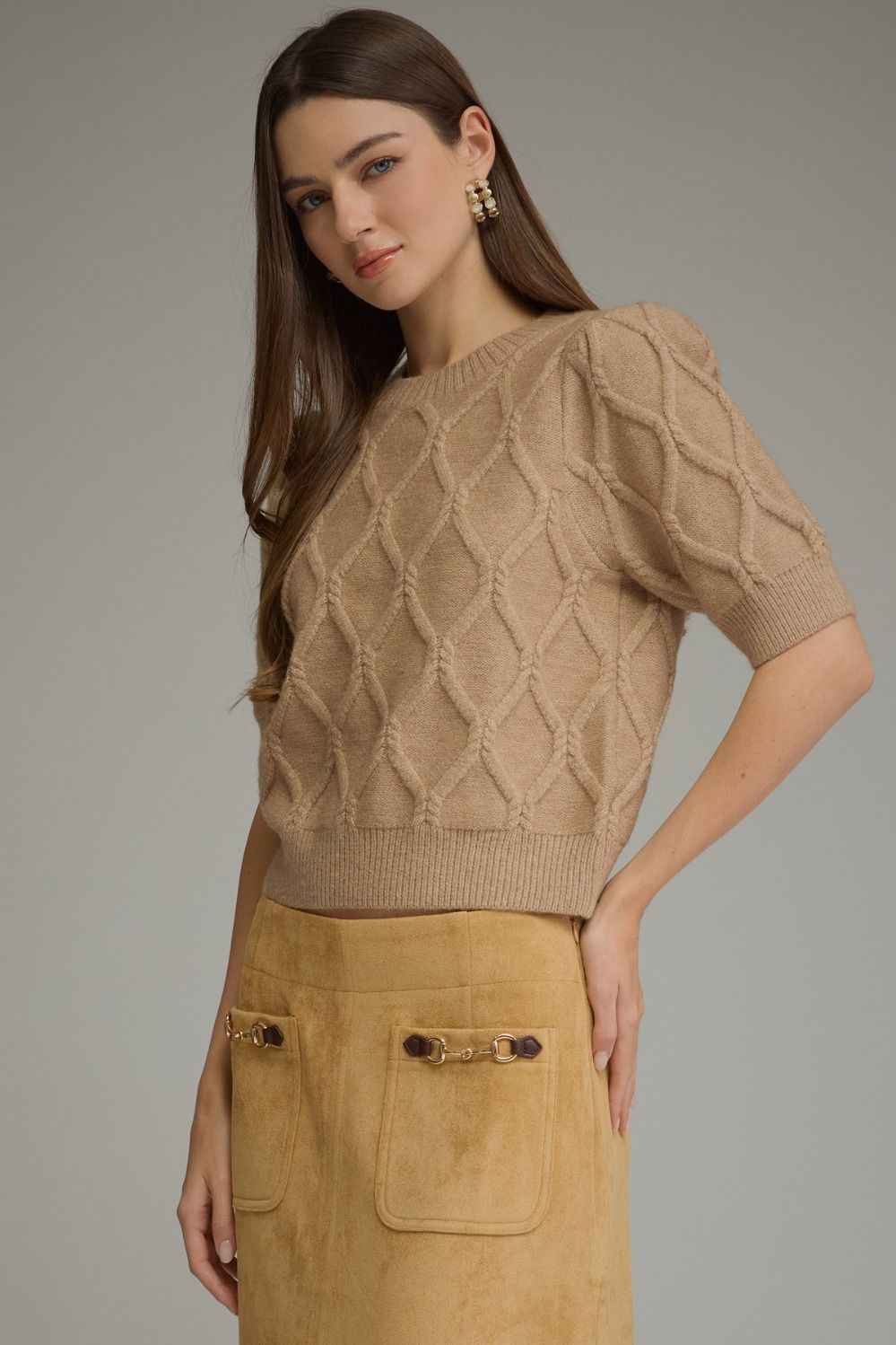Cottage Diamond Textured Puff Sleeve Sweater - Oatmeal