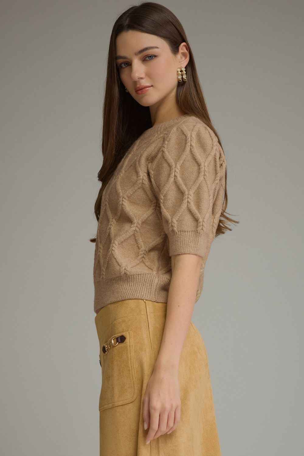 Cottage Diamond Textured Puff Sleeve Sweater - Oatmeal