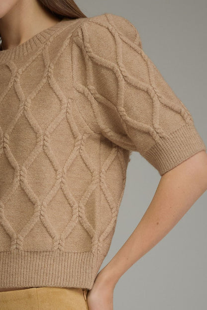 The Oatmeal Keepsake Sweater | Diamond Cable Knit Puff Sleeve Top