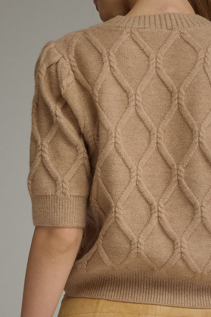 The Oatmeal Keepsake Sweater | Diamond Cable Knit Puff Sleeve Top