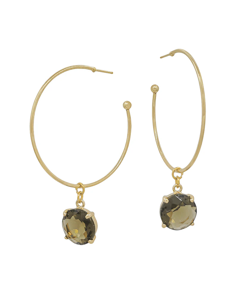 Smoky Quartz Charm Hoop Earring - Gold