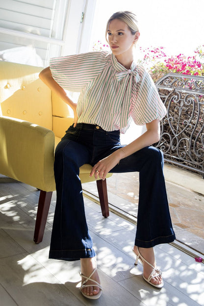 Magnolia Pinstripe Tie Neck Top - Delta Swanky Girl