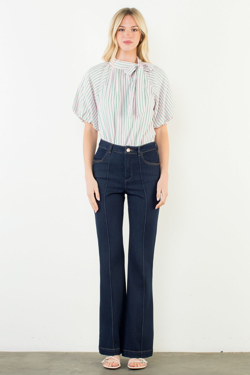 Magnolia Pinstripe Tie Neck Top - Delta Swanky Girl