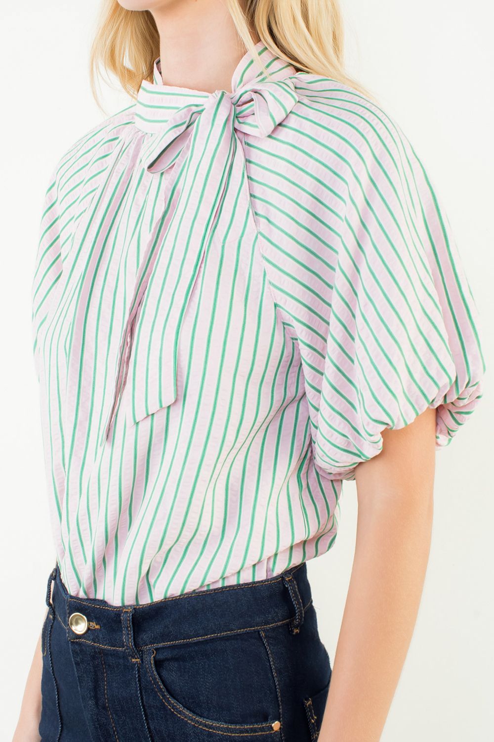 Magnolia Pinstripe Tie Neck Top - Delta Swanky Girl
